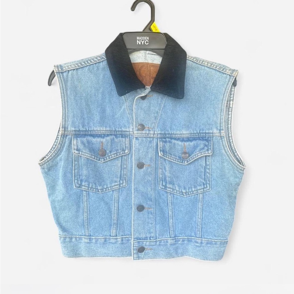 Mason Light Blue Denim Vest with Black Corduroy Collar